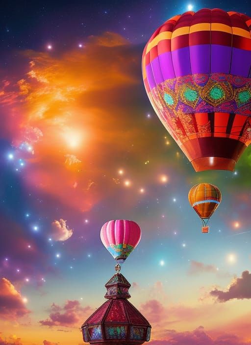 Colorful Hot Air Balloon in Night Sky Fantasy