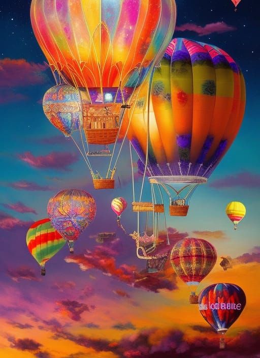 Colorful Hot Air Balloon in Night Sky