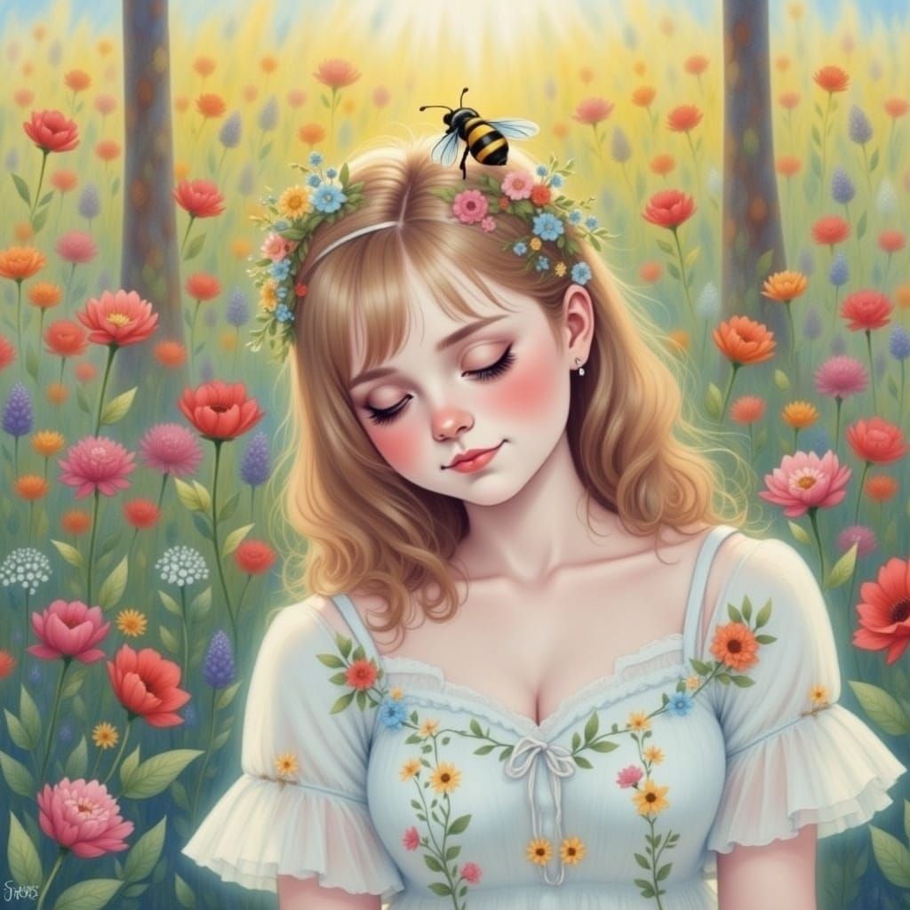 Whimsical Bee in Floral Crown, Watercolor Illustration