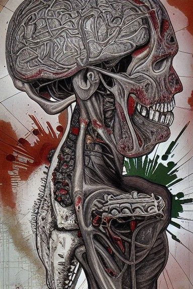 Zombie Brain Anatomy Cross-Section: Detailed Horror Illustra...