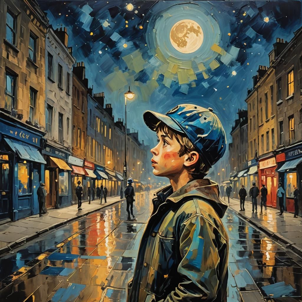 Boy Gazing at Stars: Neo-Expressionist Oil Painting