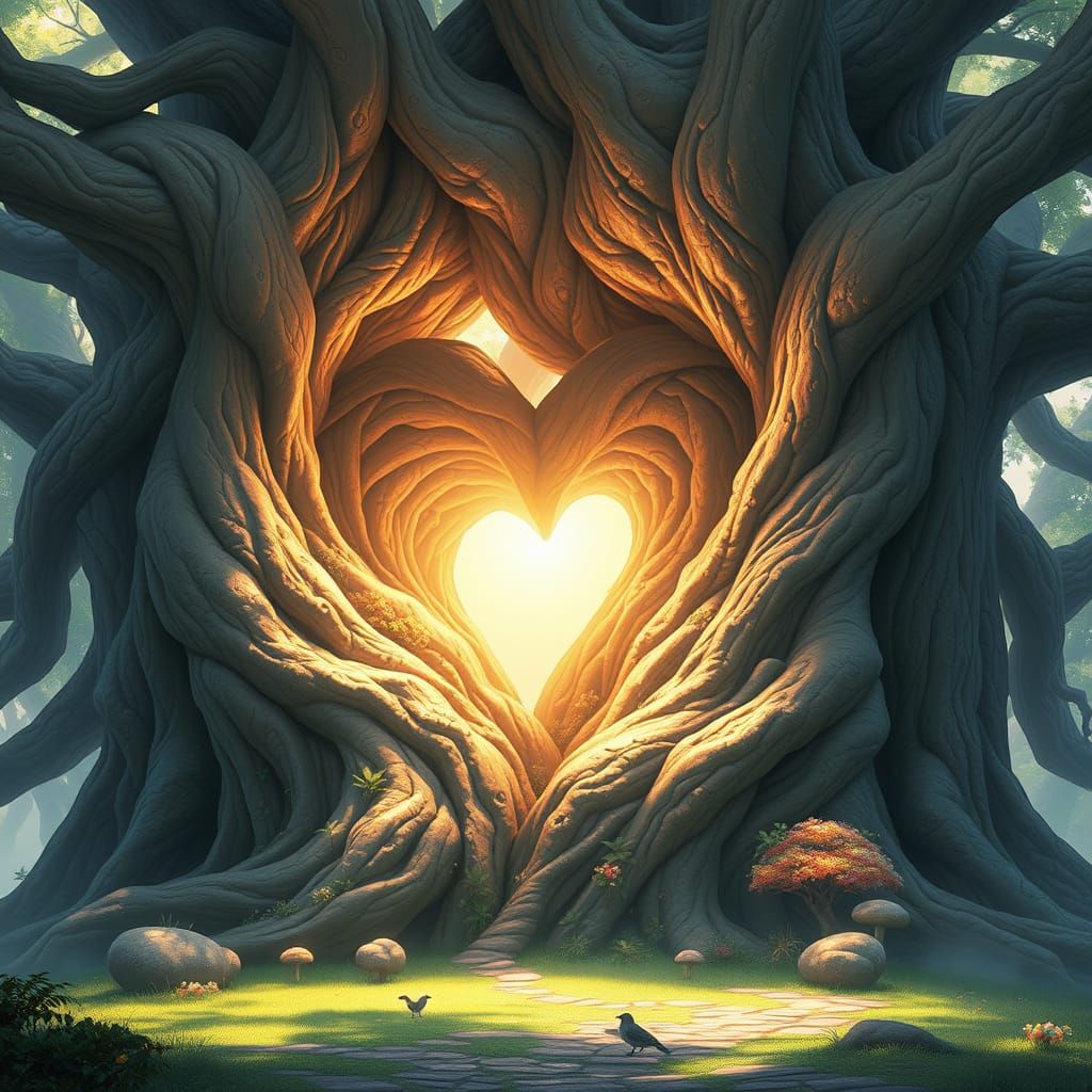Ancient Tree of Life with Heart-Shaped Hollow and Golden Lig...