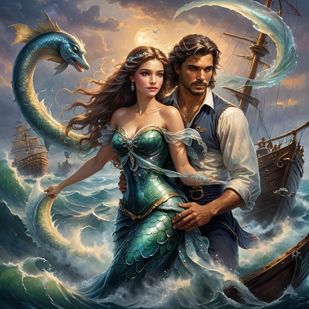 Diamond Mermaid and Sailor Embrace in Fantasy Setting