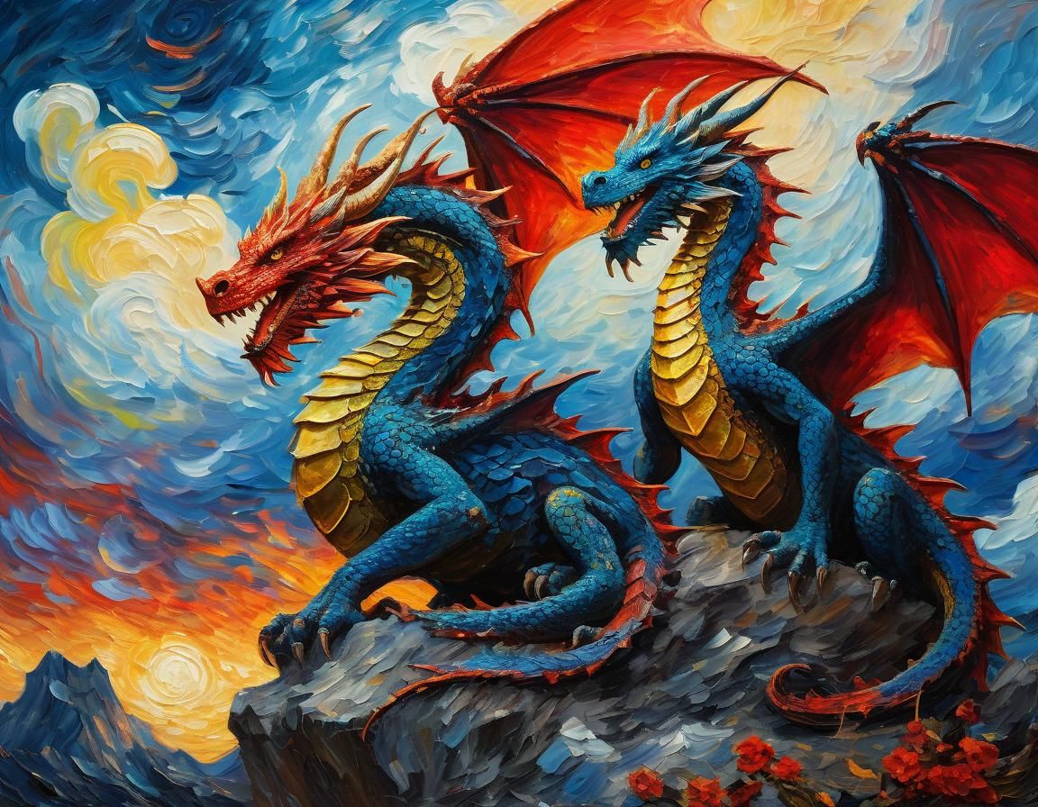 Dragon Battle in Impressionistic Oil Painting