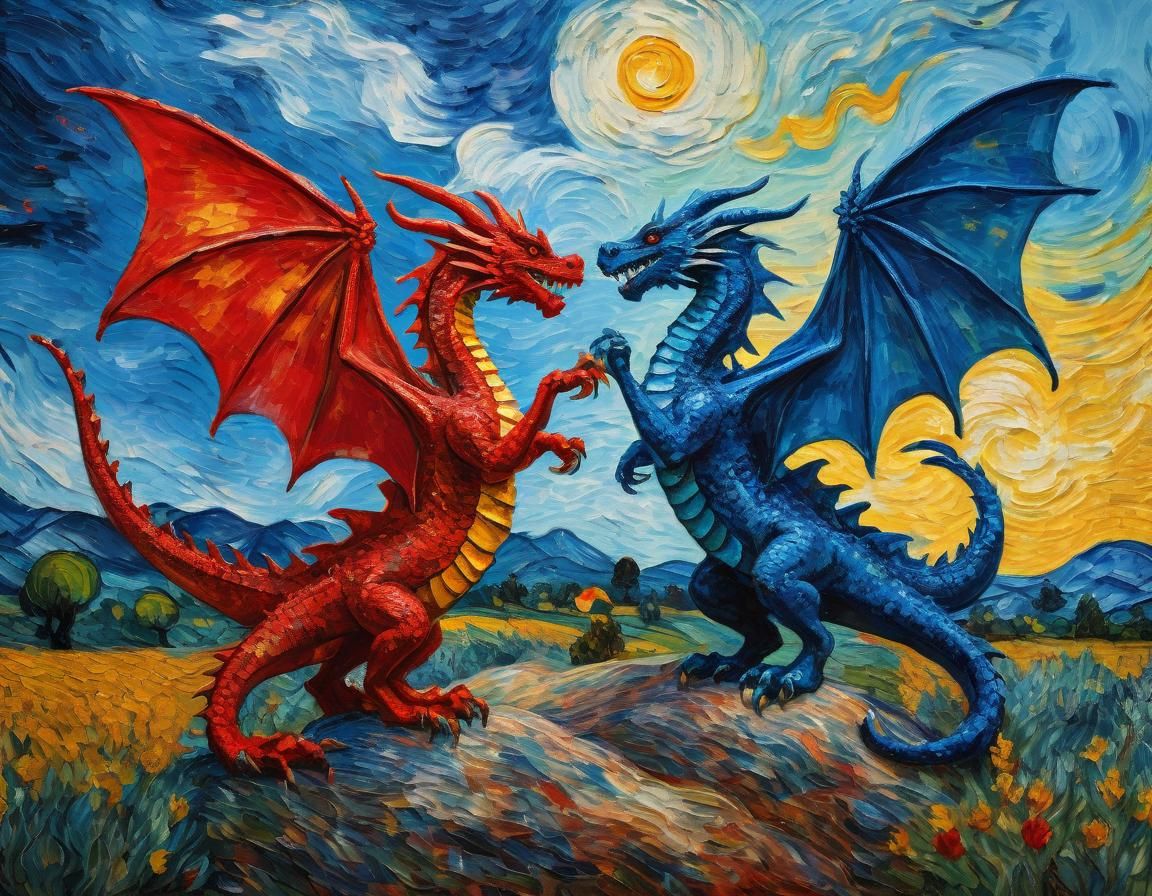 Dragons Fight in a Neo-Impressionistic Sky