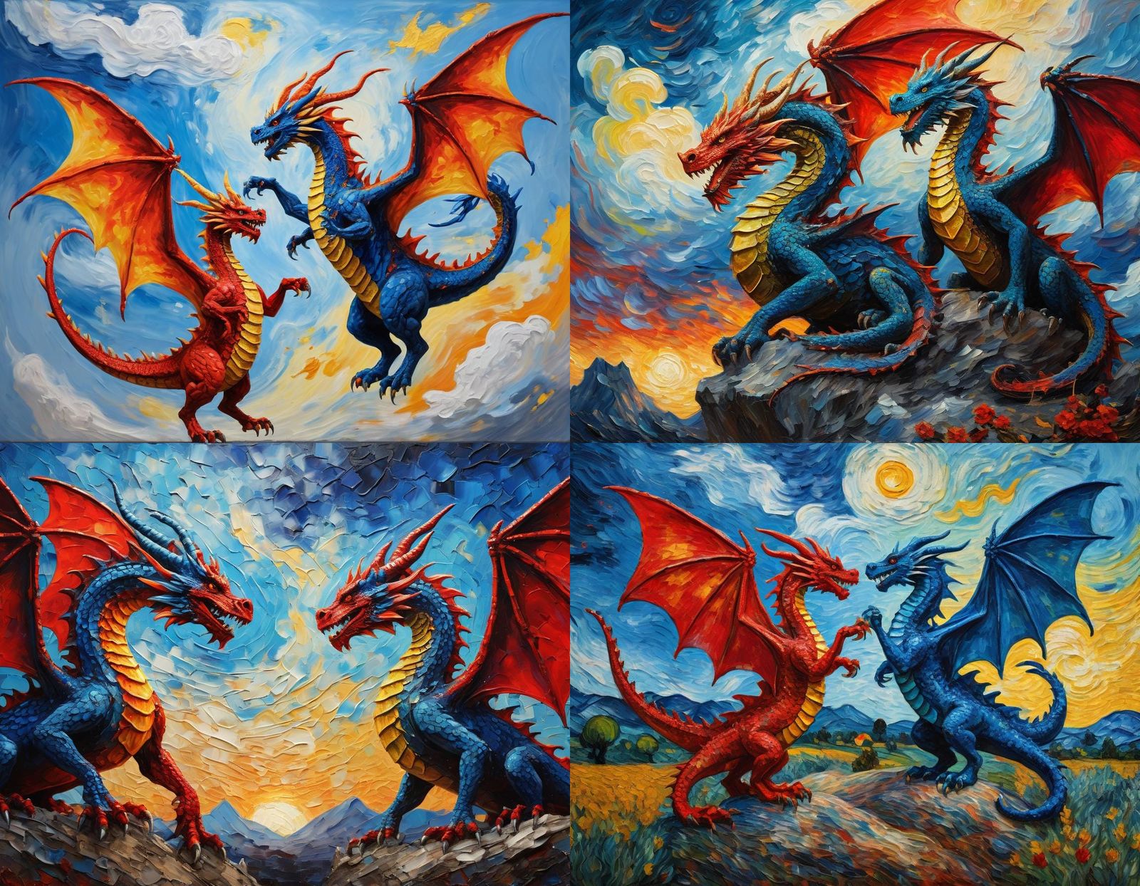 Dragon Fight in Post-Impressionist Van Gogh Style