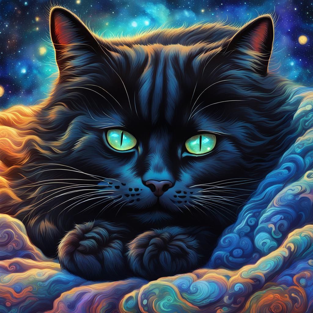 Black Cat Sleeping: Holographic Astral Illustration