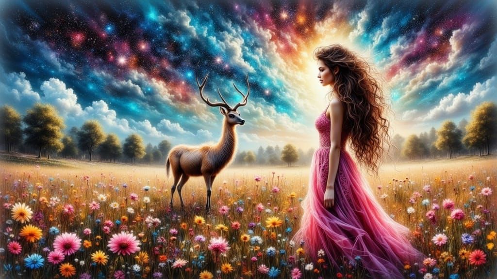 Create a whimsical grunge scene with a naturally <lora:Beautiful women:0.5> beautiful young bohemian woman in a colorful...