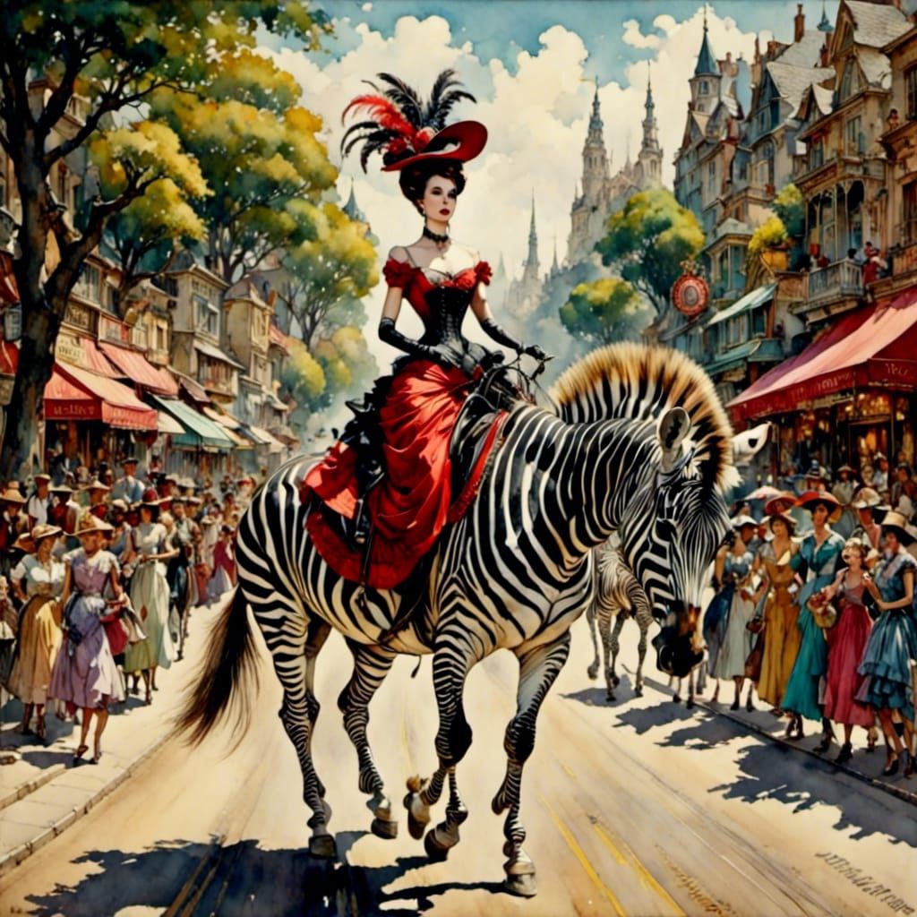 Whimsical Woman Rides Zebra Through Town