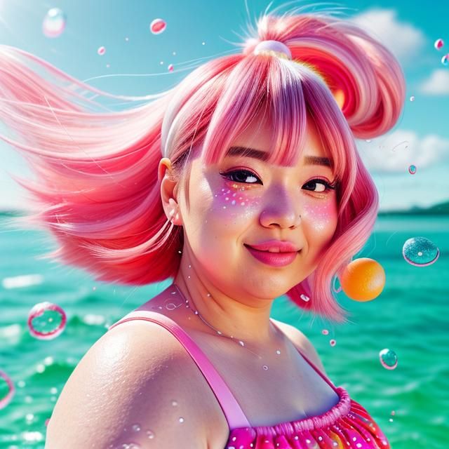 Chubby Anime Girl on Beach in Kawaii Style