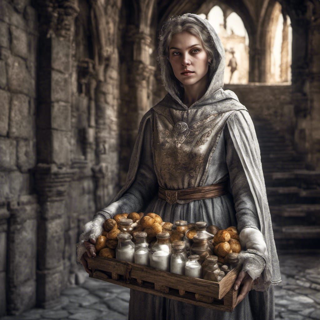 Human Cleric in Castle with Food and Medicine