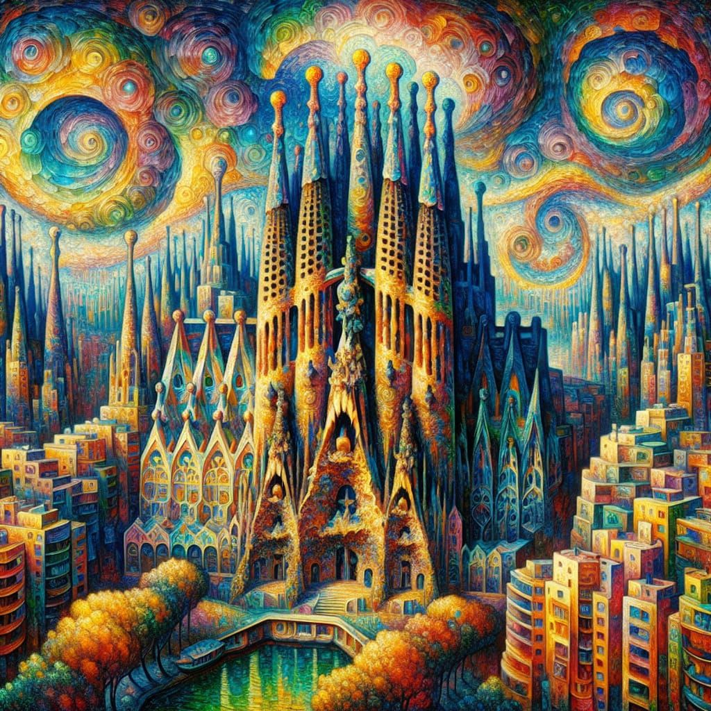 Surreal Barcelona Cityscape Oil Painting
