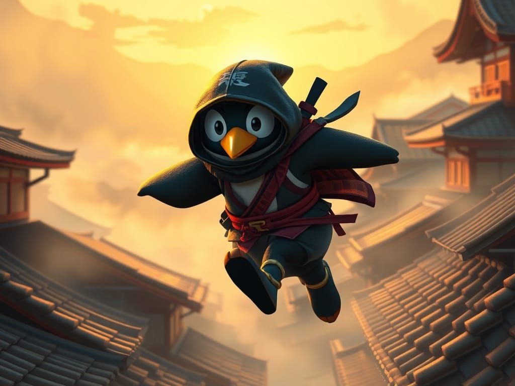 Ninja Penguin Leaps Across Rooftops at Dawn