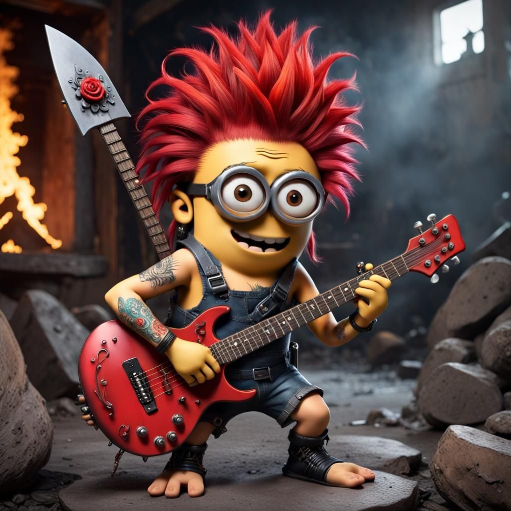 fierce little Minion with fire-red crazy hair playing guitar