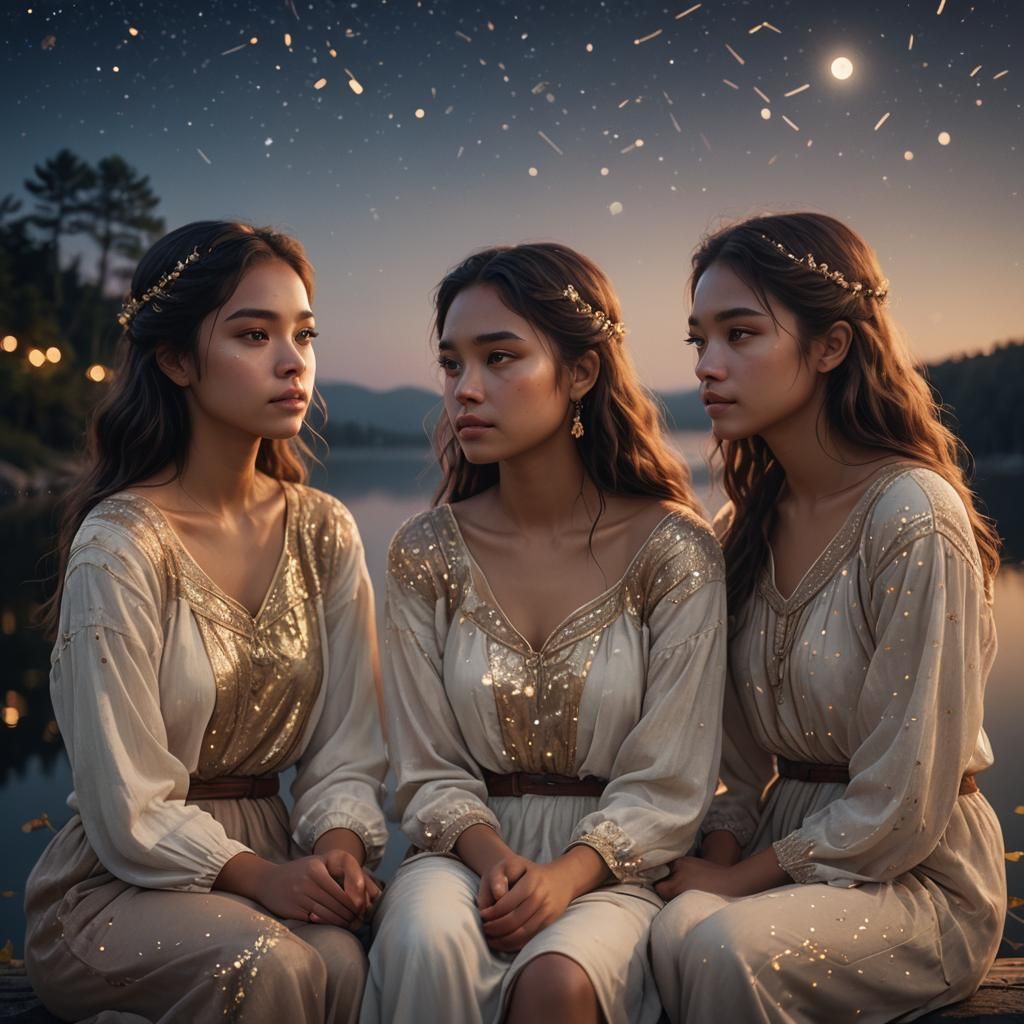 Girls by Lake Under Starry Sky: Ethereal Concept Art
