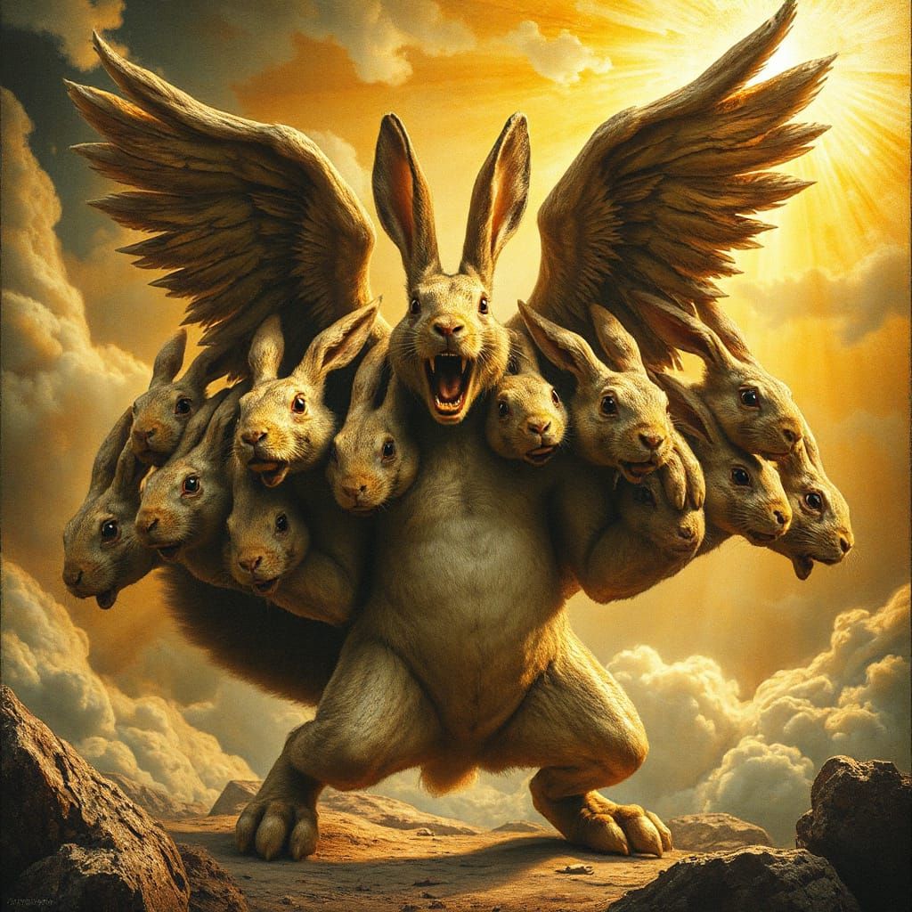 Biblical Angelic Rabbit Monster with Golden Wings