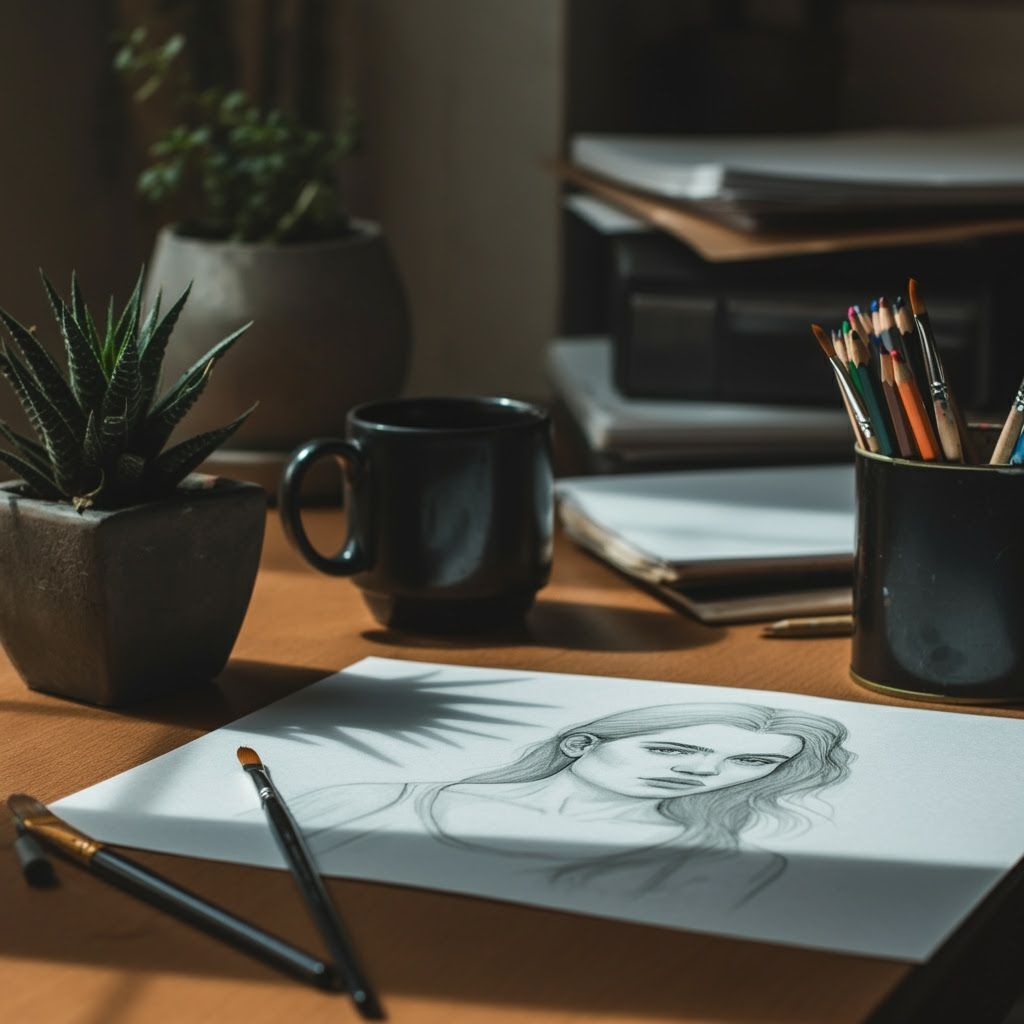 Artist's Workspace with Pencil Sketch in Cinematic Light