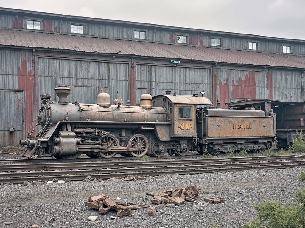 Dusty Old Locomotive in Rail Yard, Cinematic Film Still