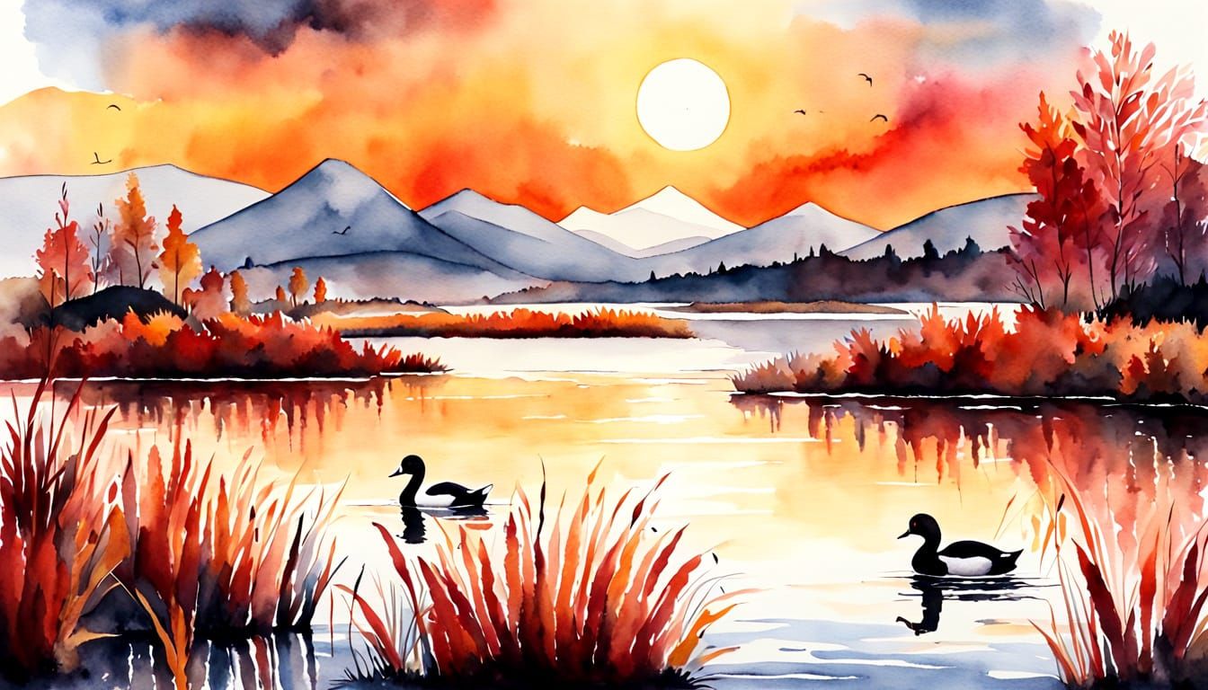 Watercolour Sunset Over Lake with Birds and Mountains