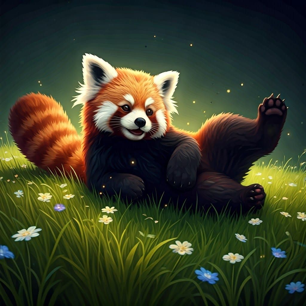 Joyful Red Panda Rolling on Grassy Hillside