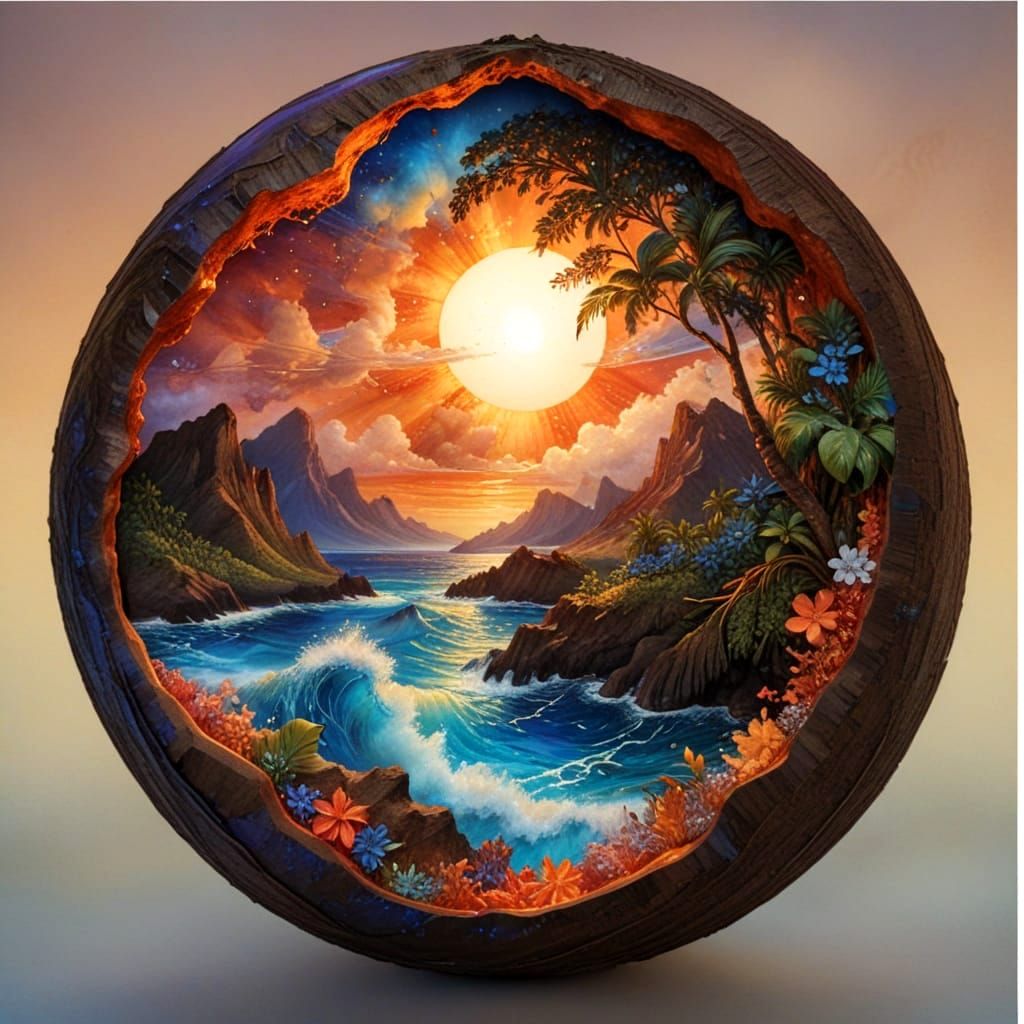 Vibrant Hawaiian Sunset Captured in a Coconut