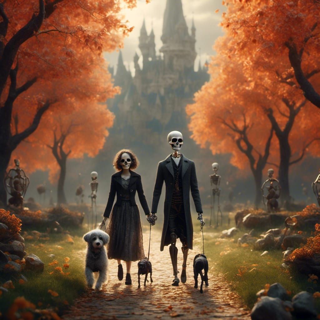 Skeletal Stroll: Dogs in an Idyllic Park
