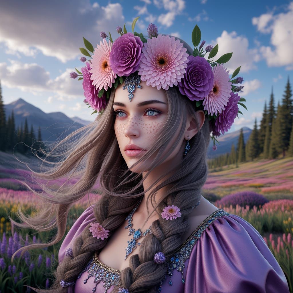 Fantasy Queen with Flower Crown in Hyperrealistic Style