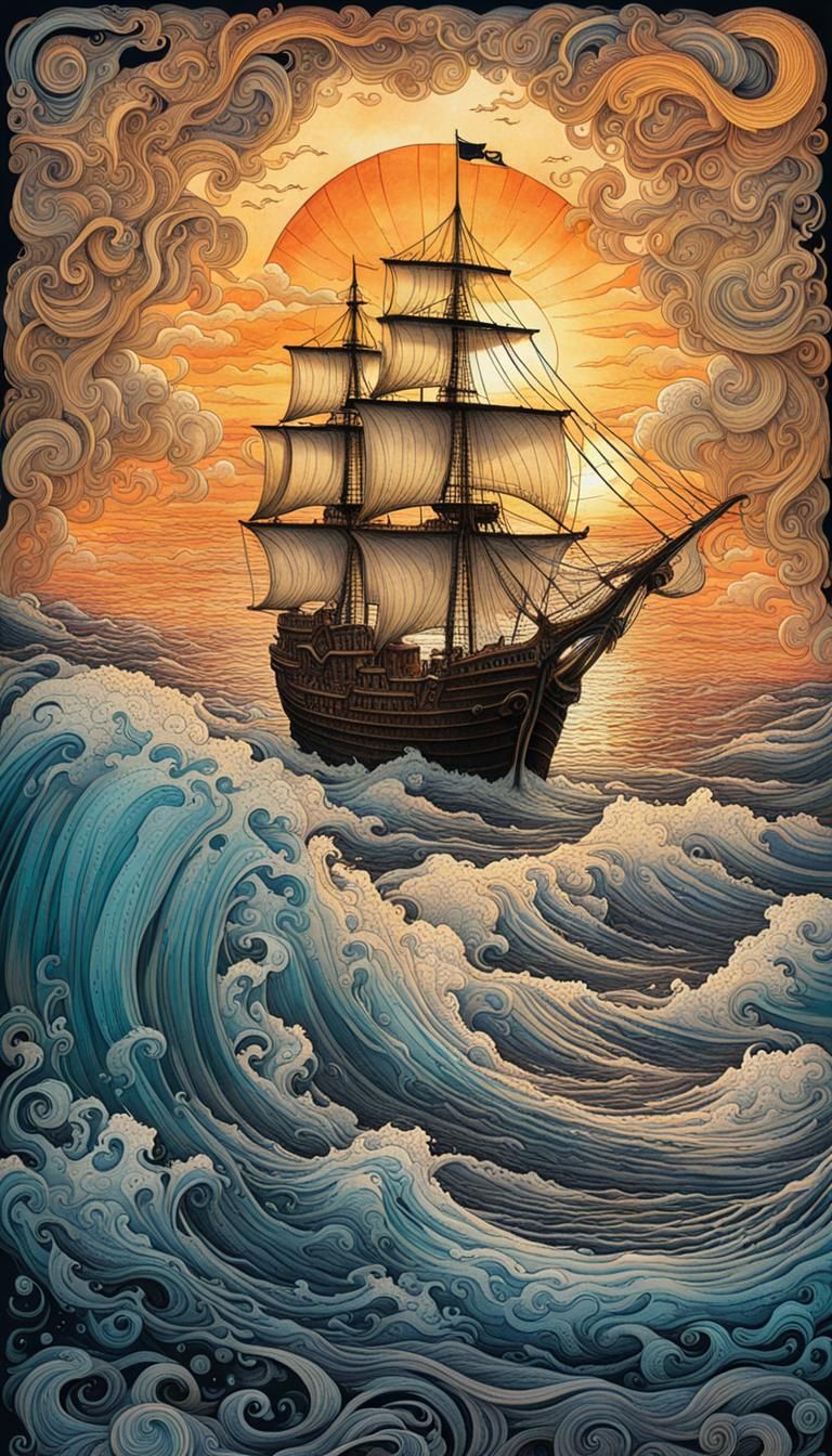 Whimsical Pirate Ship in Storybook Ocean