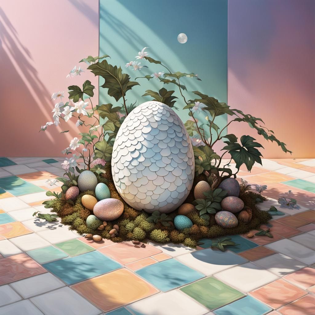 Dragon Egg on Tile Floor in Contemporary Realism