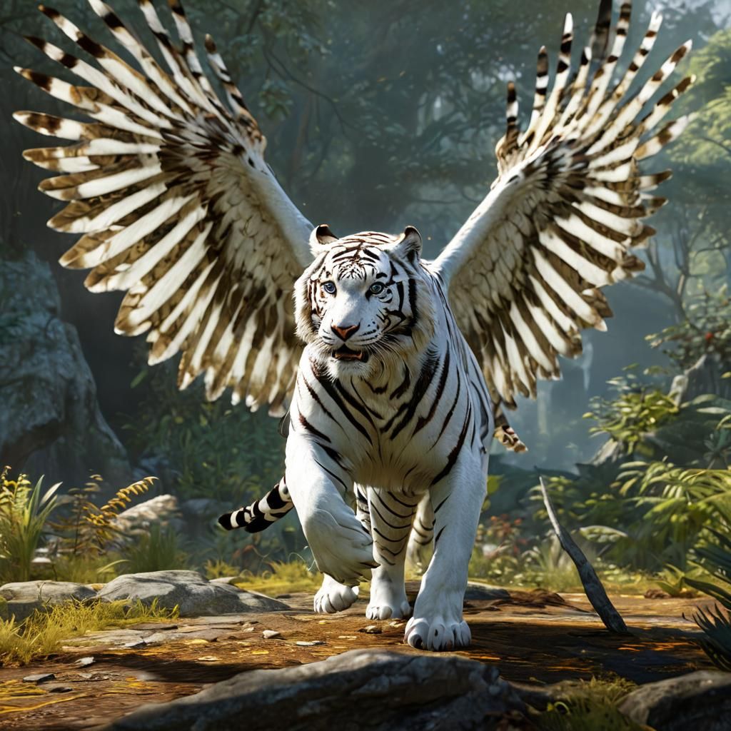 Winged White Tiger Patrols Territory: Detailed Matte Paintin...