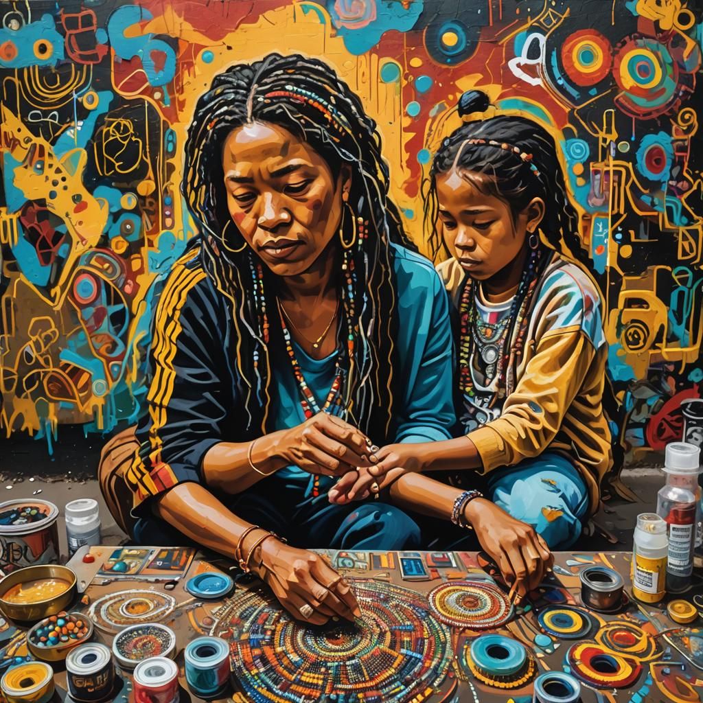 Native mother and daughter beading