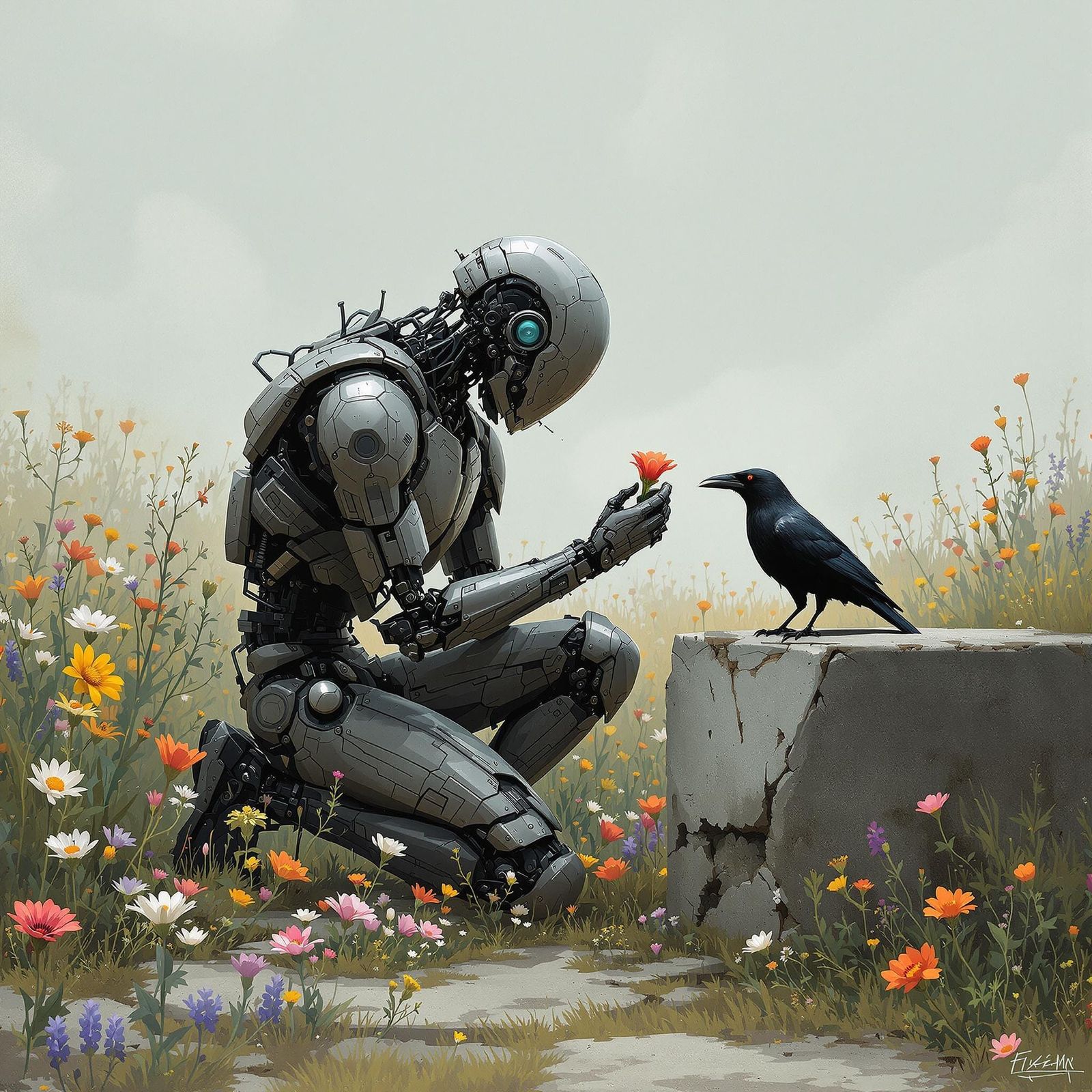 Cyborg and Raven Amidst Wildflowers: Gritty Realism