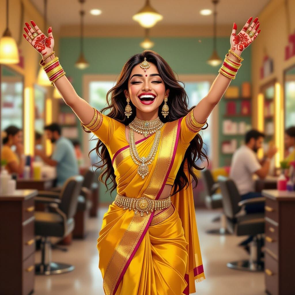Cartoon Indian Salon Owner's Joyful Celebration