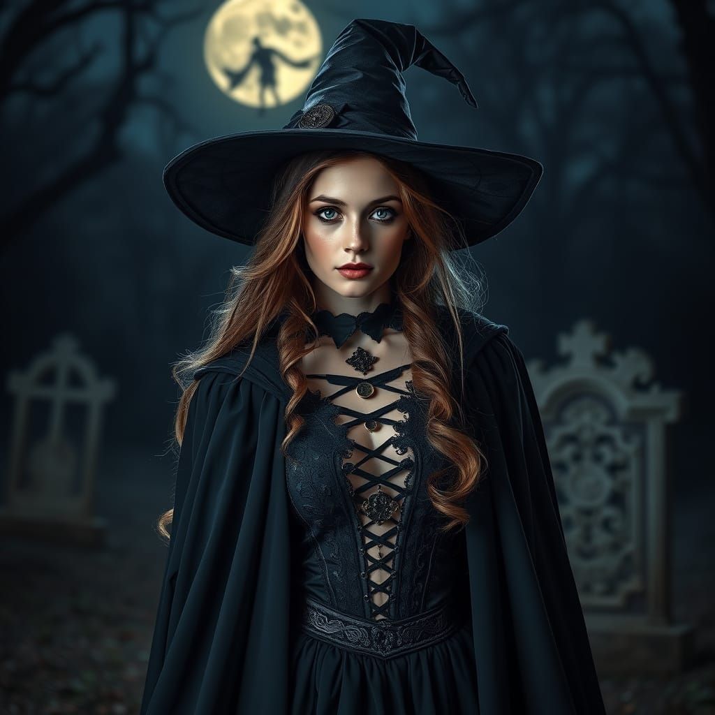 Photorealistic Witch in Moonlit Graveyard Costume