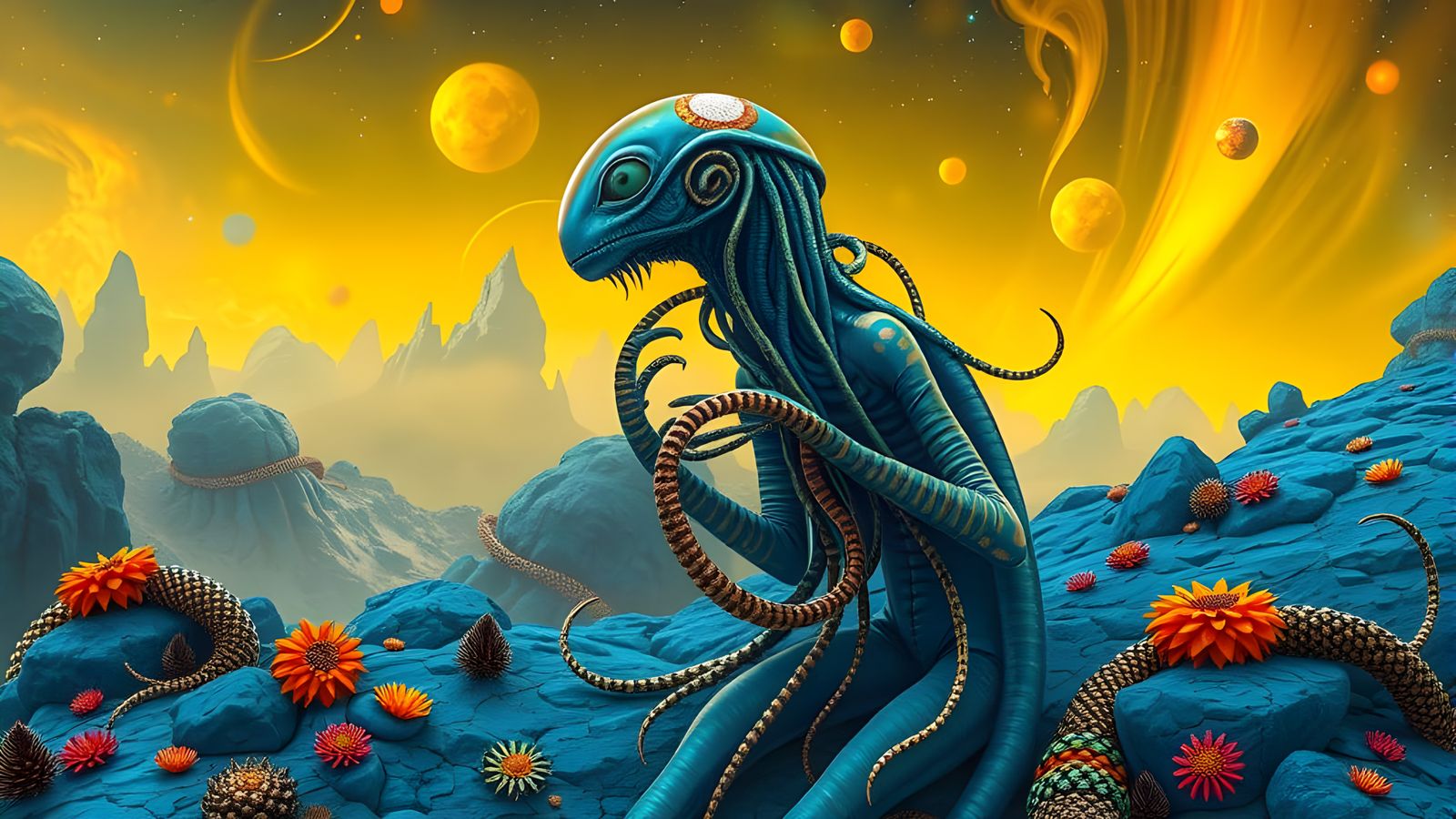 Ethereal Boschian Alien in a Vibrant Cosmic Landscape