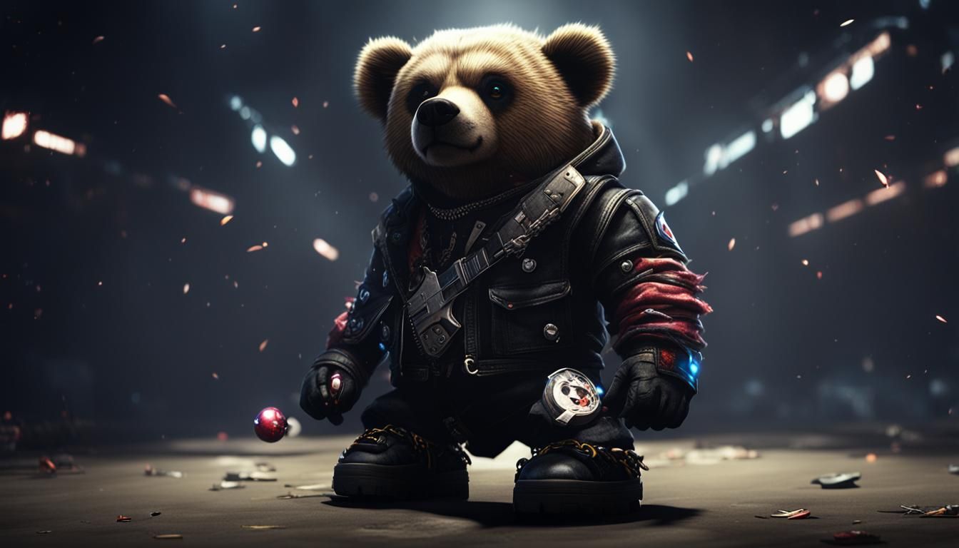 to roll eyes punk bear, dark background, unreal engine, anime work