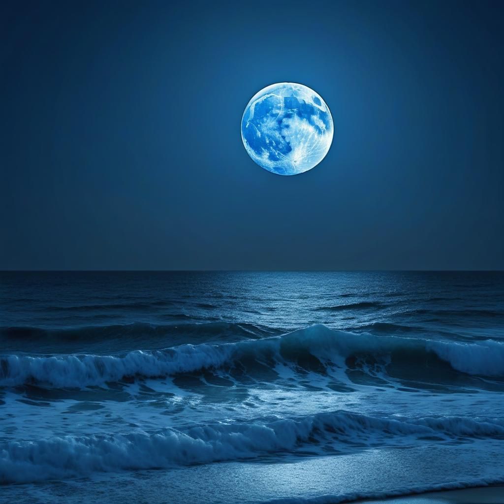 Blue Monochromatic Ocean Meets Sky Under Moon