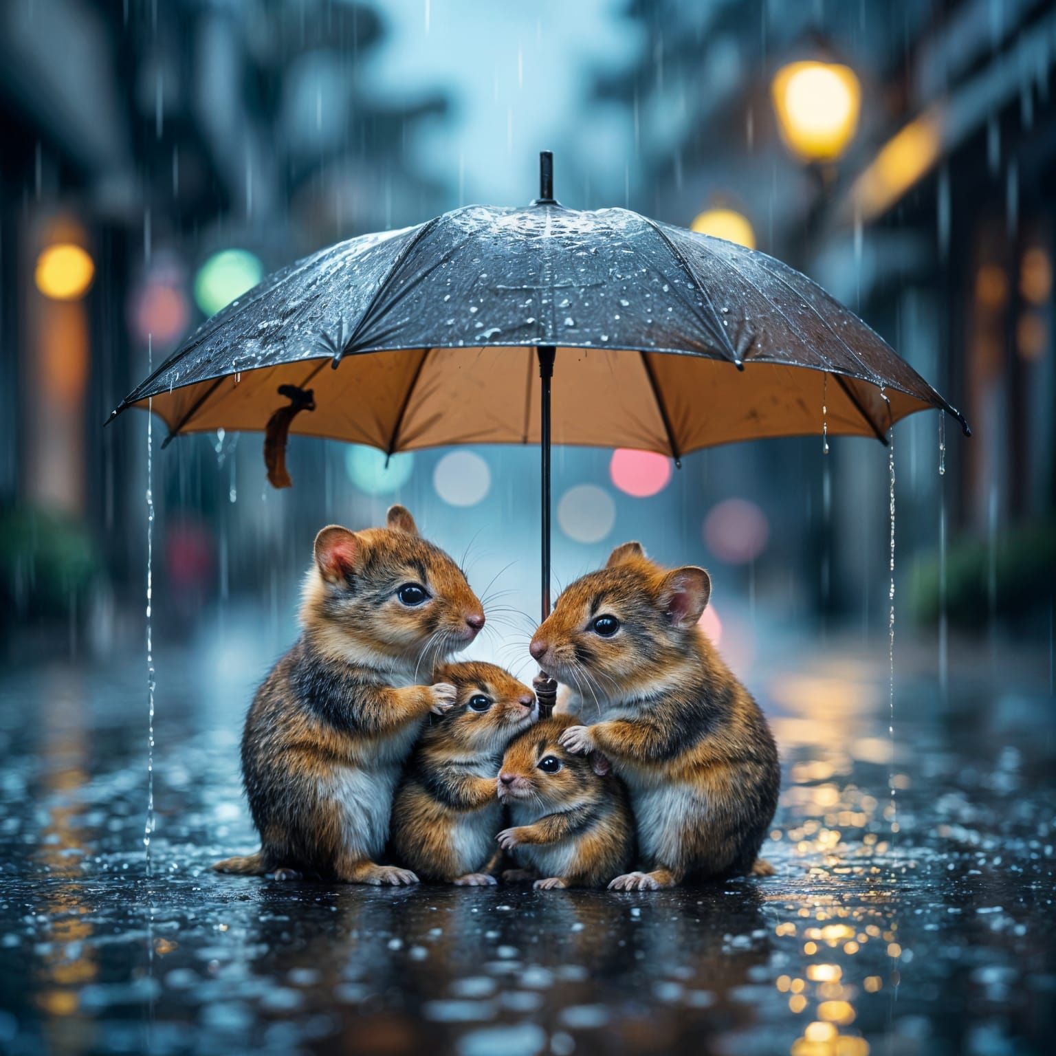 Hyperrealistic Animals Huddle Under Umbrella in Rain