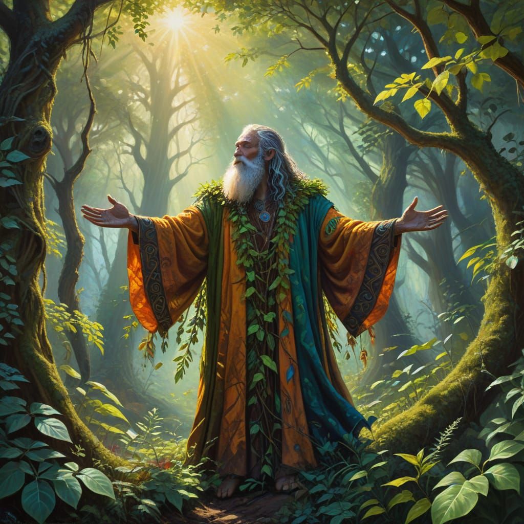 Mystical Druid of the Lush Forest in Vibrant Oil Painting