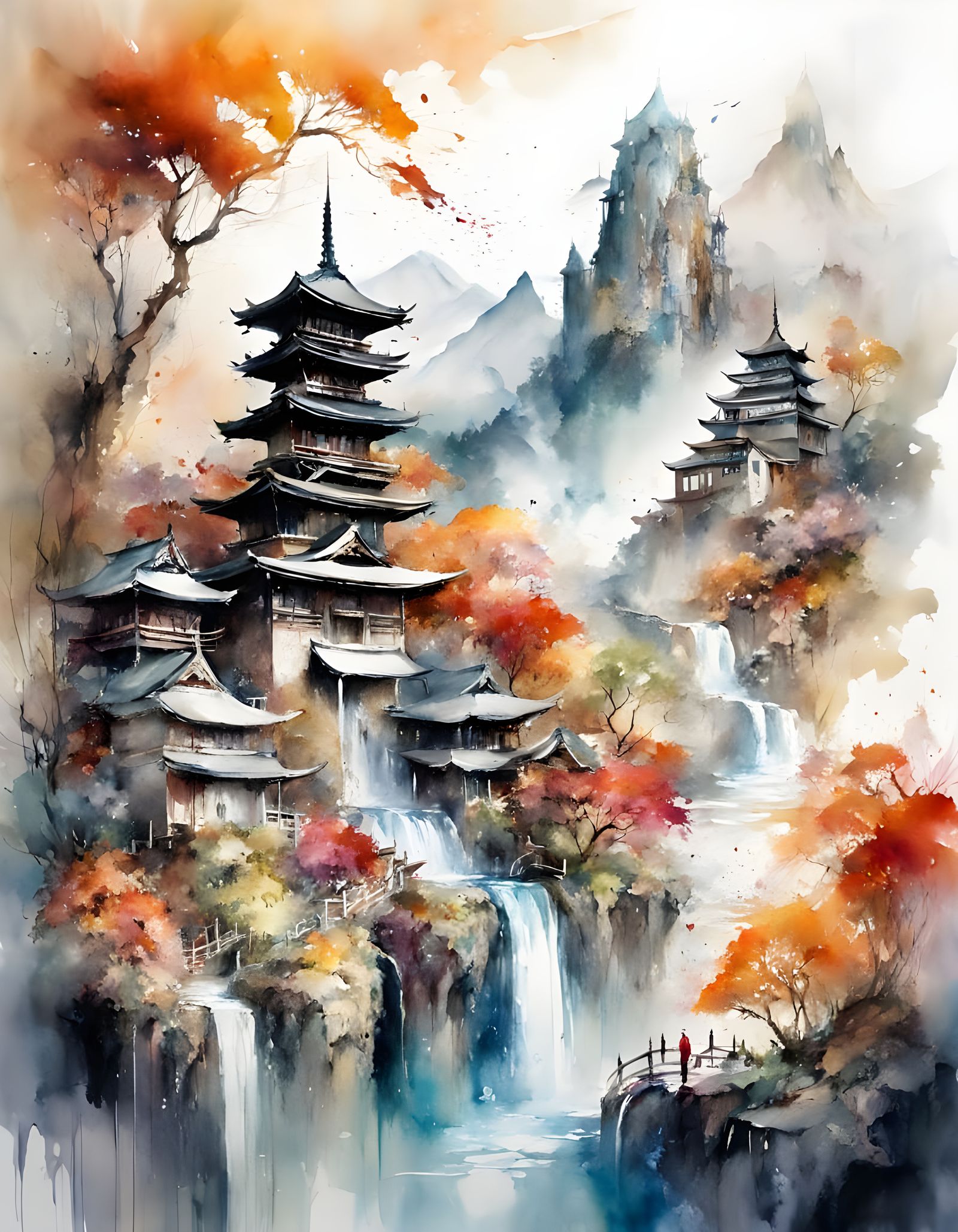 Fantasy Japanese Village in Watercolor Style