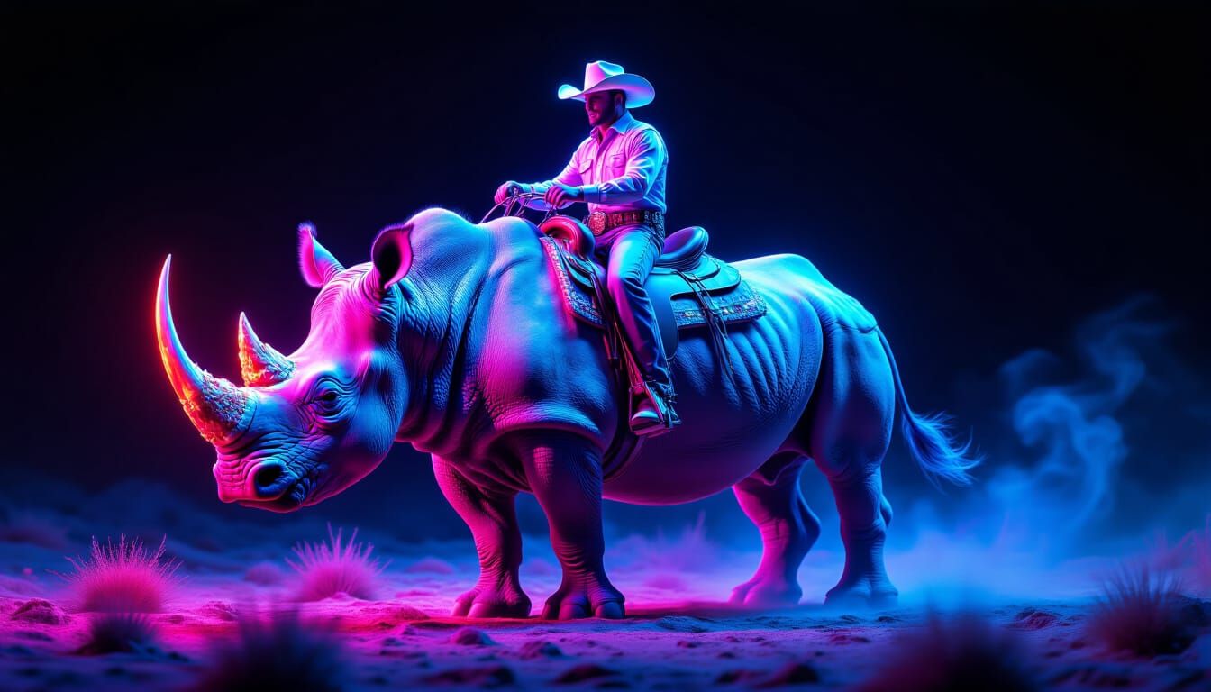 Holographic Cowboy Rides Glowing Rhino in Ultraviolet