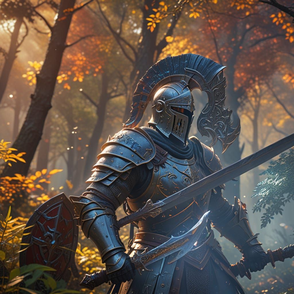 Epic Fantasy Knight in a Golden Forest