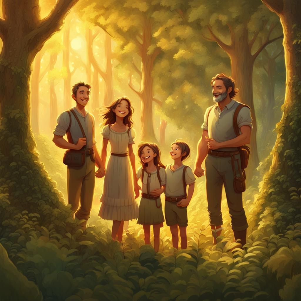 Happy Family in Golden Hour Fantasy Landscape