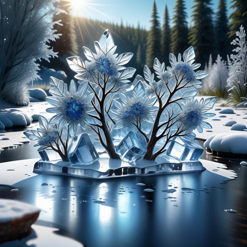 Icy River Scape with Summer Flowers