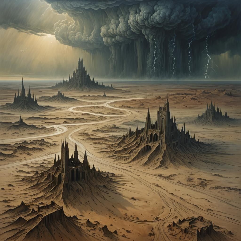 Surreal Desert City in Beksiński-Inspired Style