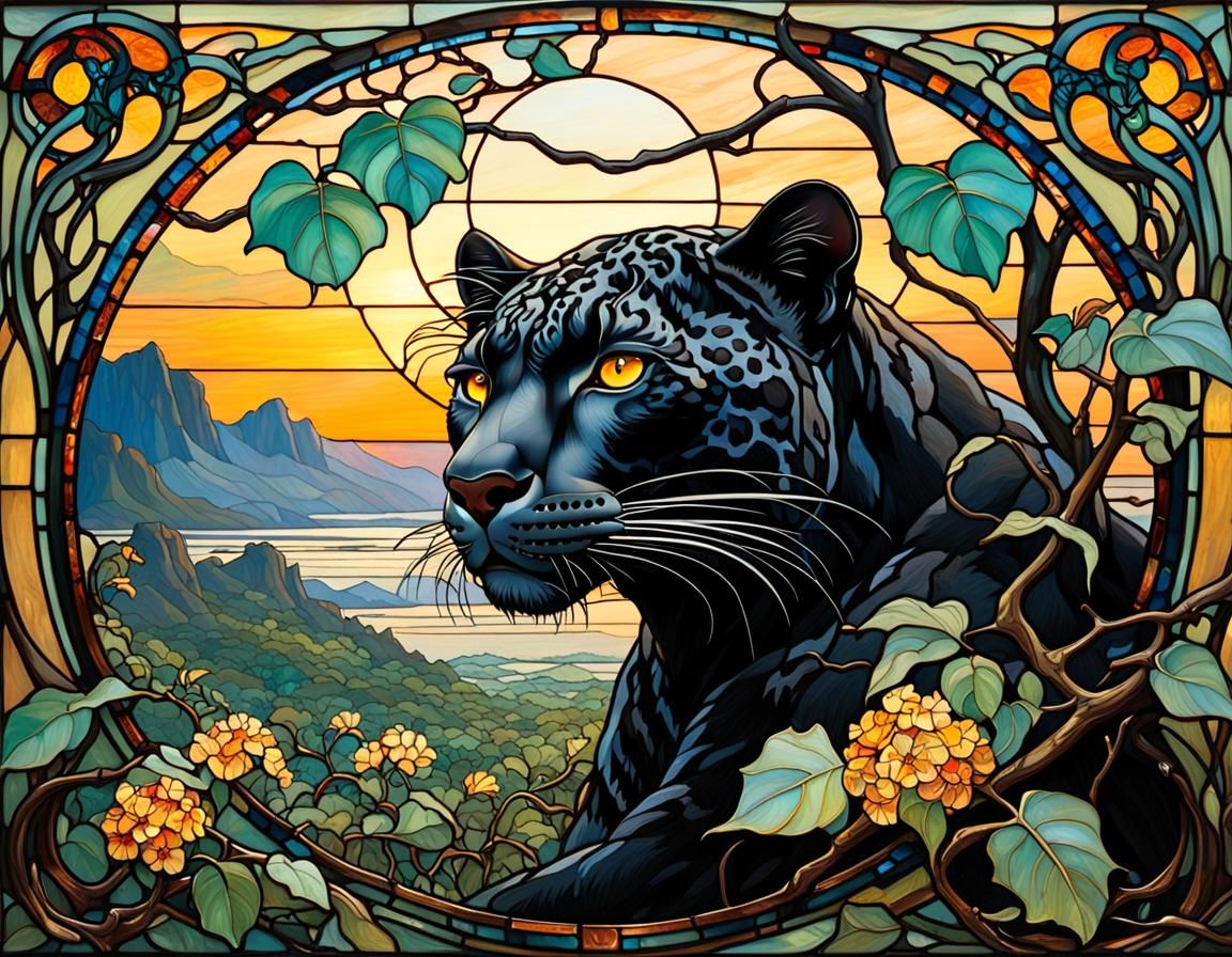 Art Nouveau Leopard in Stained Glass