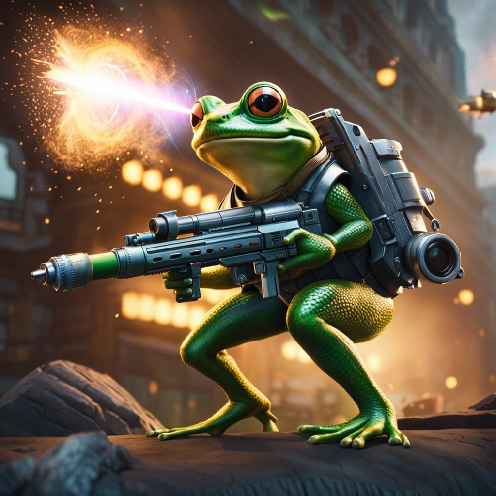 Frog Wielding Rocket Launcher in Video Game Style