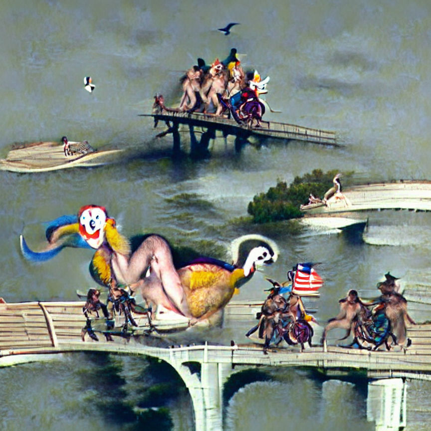 Nude Woman Rides Pelican Across Bridge