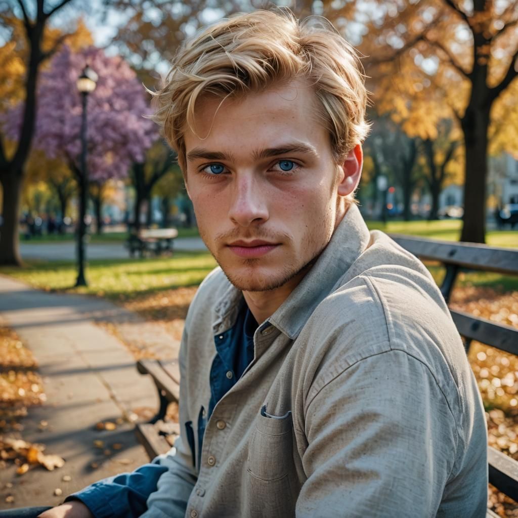 Young Man Portrait in Park, Macro Photography