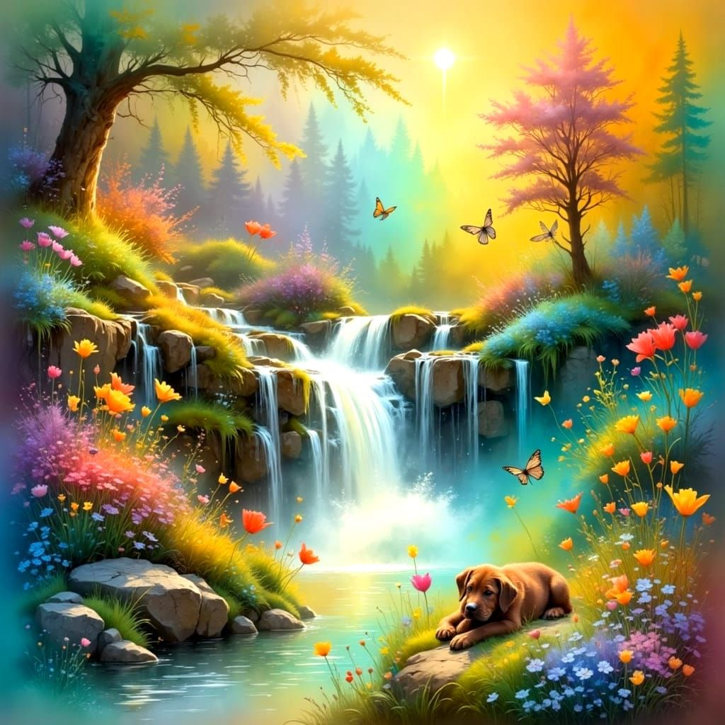 Vibrant Waterfall Scene with Playful Dog and Blooming Flower...
